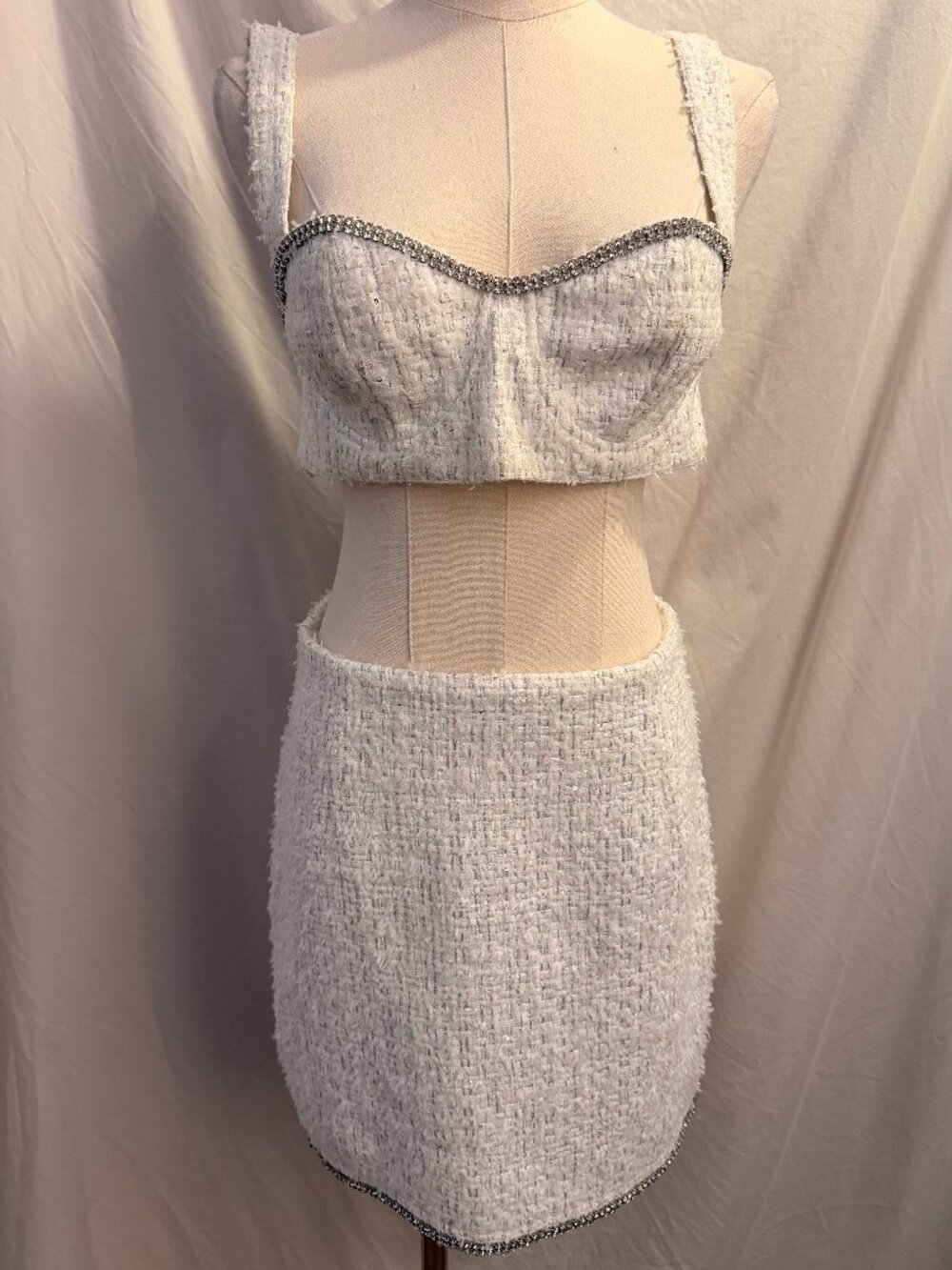 NBD White Tweed Rhinestone Trim Two-Piece Set Size M